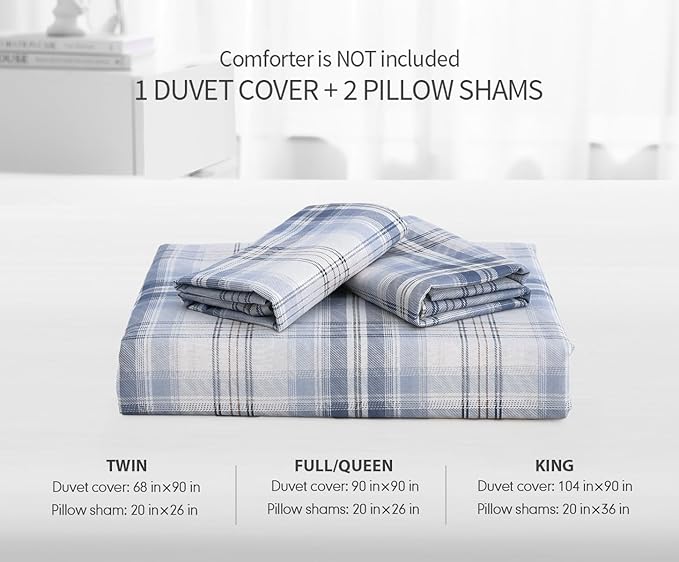 SLEEPBELLA Blue White Grid Duvet Cover Set, 100% Cotton Bedding, Buffalo Plaid Geometric Checker Pattern, with Button Closure (3pcs, Queen Size)