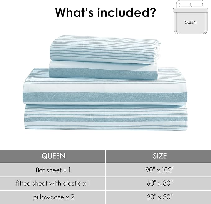ClevaHome Classic Stripe Sheet Set - 4 Pieces Super Soft & Breathable Bed Sheet Set with Deep Pocket, Enhanced Comfort & Easy Care (Queen, Glacier Stripe)