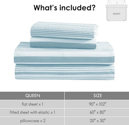 ClevaHome Classic Stripe Sheet Set - 4 Pieces Super Soft & Breathable Bed Sheet Set with Deep Pocket, Enhanced Comfort & Easy Care (Queen, Glacier Stripe)