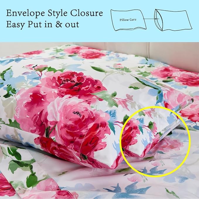JSD Watercolor Rose Floral Sheet Set Queen Size, 4 Piece Soft Printed Microfiber Sheets Extra Deep Pocket
