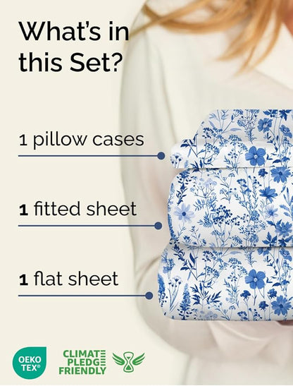 Floral Sheets - White & Blue Bed Sheet Set - 1 Flat, 1 Fitted & 1 Pillowcase w/ Deep Pockets - Comfy, Cozy, Wrinkle & Fade Free - Boho Botanical Bedding - Soft, Breathable & Cooling - Twin XL Size Set