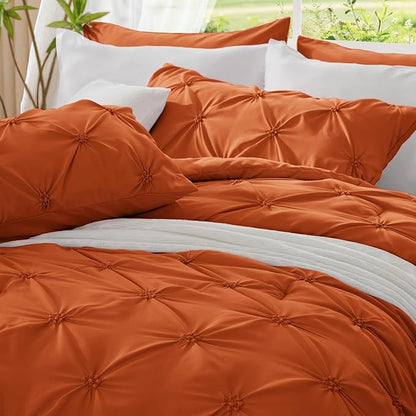 BEDELITE Burnt Orange Queen Comforter Set - 3 Pieces Boho Pintuck Bedding Comforter Sets, Lightweight Soft & Warm Bed Comforter Queen with 2 Pillowcases for All Season