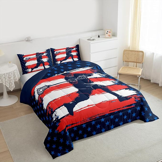 Feelyou Lacrosse Comforter Set Twin Size Boys Gilrs American Flag Sports Theme Bedding Set for Kids Adults Ultra Soft Lacrosse Player Games Comforter Navy Blue Duvet Set Room Decor Quilt Set