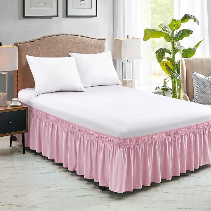 FreshCulture Elastic Wrap-Around Bed Skirt - Twin Bed, 15-Inch Drop, Dusty Pink
