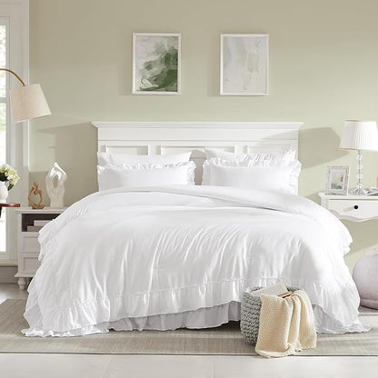 Cupocupa White Full Comforter Set, 3Pcs Comforters Ruffle Farmhouse Bedding Sets Full with Comforter, Lightweight Soft Shabby Chic Bedding Comforter Set Fluffy for All Season (White, F)
