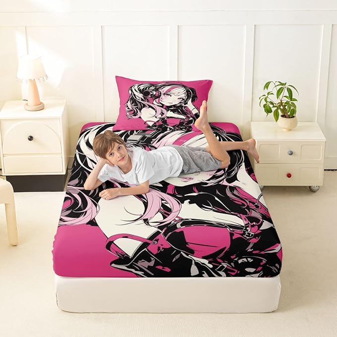 Pink Anime Girls Bedding Set Cartoon Japanes-Style Fitted Sheet Twin, Graffiti Street Culture Bed Sheets for Kids Teens Youth Watercolor Hippie Style Sheets 2Pcs, No Top Sheet