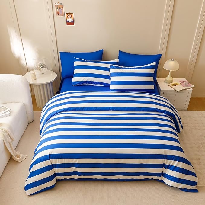 Houseri Blue White Stripes Comforter Set King 3 Piece Blue Bedding King Size Lightweight Modern Striped Bed Set Soft Comfy Quilt Blanket King