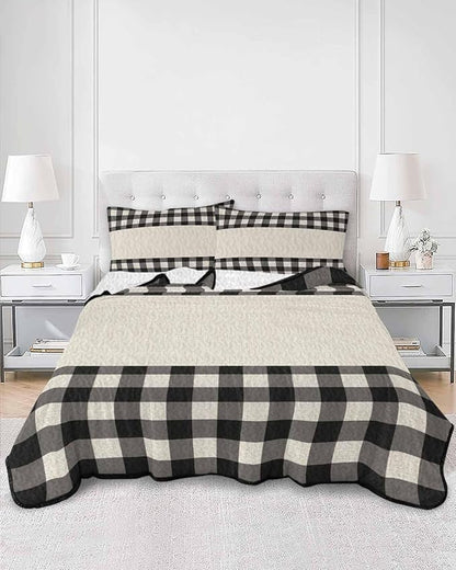 Full Size Quilt Bedding Set, Retro Black Lightweight Summer Quilt 3 Pieces Bedding Sets, Farmhouse Buffalo Plaid Vintage Beige Reversible Soft Bedspreads Coverlets with 2 Pillow Shams for All Season