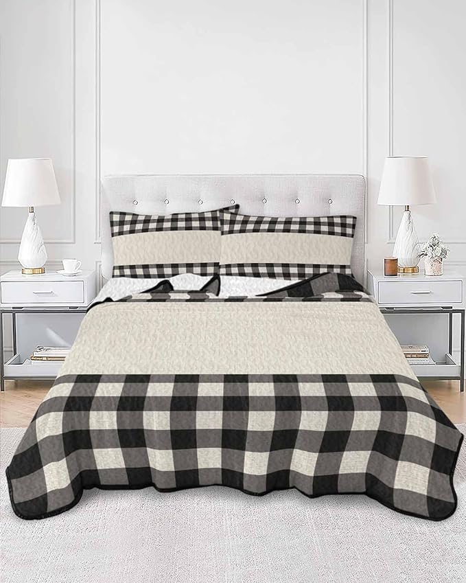 Quilts Twin XL Size, Retro Black Soft Comforter Bedding Set for Bed, Farmhouse Buffalo Plaid Vintage Beige Lightweight Quilted Bedspread with Pillow Cover(2 Pieces) for All Season, 68x98 Inch