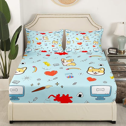 Cartoon Dog Fitted Sheet Set with 2 Pillowcase,Hippie Graffiti Painting Bed Sheet for Boys Girls Bedroom,Kawaii Puppy Pet Theme Top Flat Sheet Luxury Microfiber,Queen Size