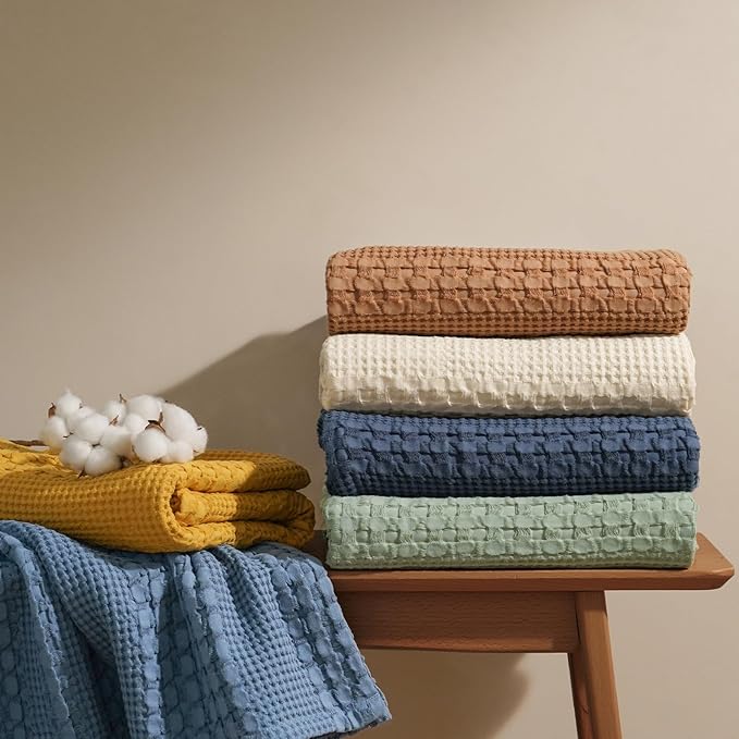 PHF 100% Cotton Waffle Weave Throw Blanket, Soft Lightweight Breathable Cozy Throws for Couch Bed Sofa, Luxury Aesthetic Blanket Gift for Home Decor & Office, 50"x60", Indigo