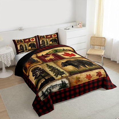 Erosebridal Bear Cabin Plaid Comforter Set Full, Rustic Farmhouse Bedding Set, Retro Hunting Deer Woodland Quilt, Country Western Duvet Set, Christmas RV Lodge Decor Down Comforter, Red Black Brown