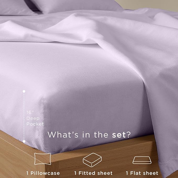 Threadmill Cotton Twin Sheet Set | 100% Cotton Sheets for Twin Size Bed | Solid Sateen Twin Bed Sheets Set with 16” Deep Pocket | Soft Breathable 3-Piece Cooling Sheet Set | Lilac