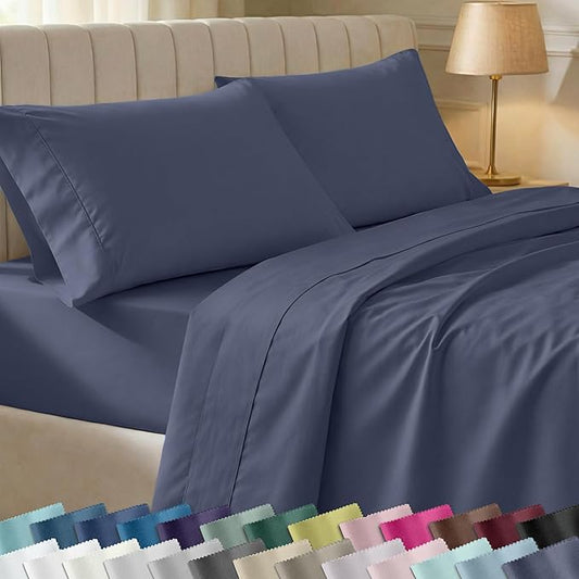 California Design Den Natural 100% Cotton Sheets, Twin Sheets Set, 400 Thread Count Sateen Bedding for Dorm Rooms & Adults, Deep Pockets with All Around Elastic, Durable - Indigo Dusty Blue