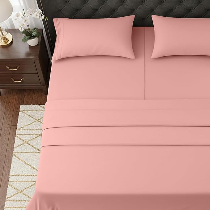 Elegant Comfort Luxurious 1500 Premium Hotel Quality Microfiber Three Line Embroidered Softest 5-Piece Bed Sheet Set, Wrinkle and Fade Resistant, Split King, Dusty Rose