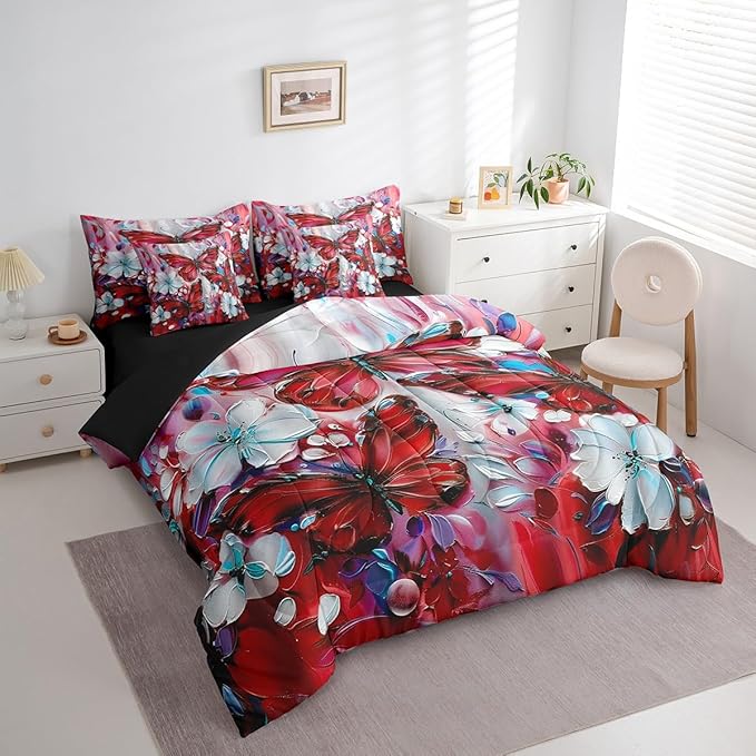 Erosebridal Girls Red Butterfly Full Comforter Set 7 Piece White Flowers Oil Painting Boho Bedding Set Retro Hippie Floral Butterfly Bed in A Bag for Kids Women,Aesthetics Bohemian Sheet Set