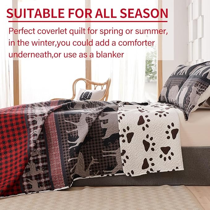 Ycosy King Size Quilt Set Bedding Rustic Lodge Bedspread Set Queen Red Black Buffalo Plaid Quilt Reversible Bedspread Coverlet Lightweight Quilt Bedding Moose Bear Country Cabin Coverlet