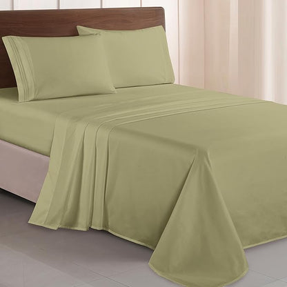 Elegant Comfort Luxurious 1500 Premium Hotel Quality Microfiber Three Line Embroidered Softest 4-Piece Bed Sheet Set, Wrinkle and Fade Resistant, King, Sage-Green