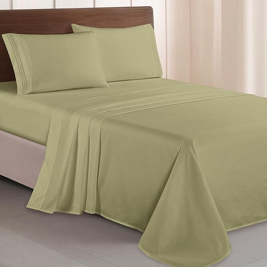 Elegant Comfort Luxurious 1500 Premium Hotel Quality Microfiber Three Line Embroidered Softest 4-Piece Bed Sheet Set, Wrinkle and Fade Resistant, Full, Sage-Green