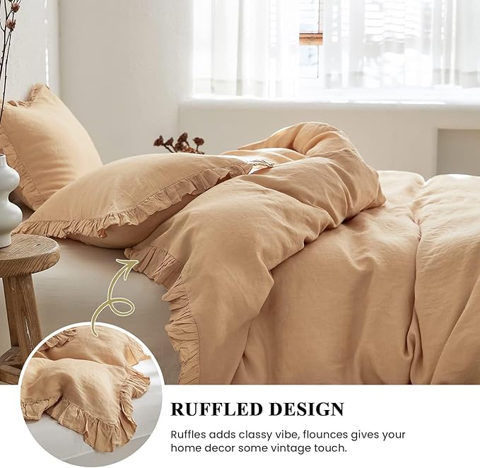Simple&Opulence 100% Linen Duvet Cover Set, 3 PCS Natural French Flax Sand Ruffle Duvet Cover King Size, Breathable Comfy Linen Bedding Comforter Cover with 2 Pillowcases (Sand, 104" X 92")