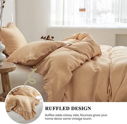 Simple&Opulence 100% Linen Duvet Cover Set, 3 PCS Natural French Flax Sand Ruffle Duvet Cover King Size, Breathable Comfy Linen Bedding Comforter Cover with 2 Pillowcases (Sand, 104" X 92")