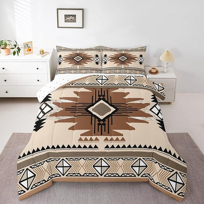 Feelyou Boho Comforter Set King Size Southwest Native American Design Comforter Southwestern Geometric Bedding Set Western Decor Duvet Set Room Decor Beige Brown Quilt Set