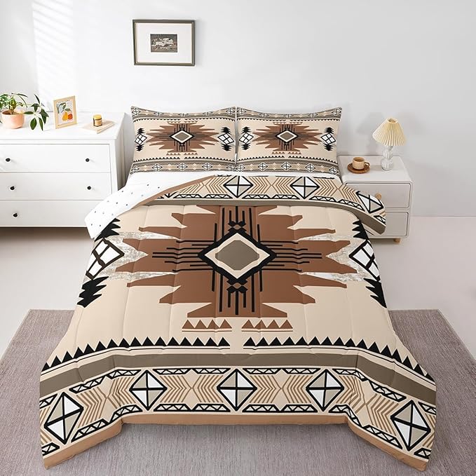 Feelyou Boho Comforter Set Full Size Southwest Native American Design Comforter Southwestern Geometric Bedding Set Western Decor Duvet Set Room Decor Beige Brown Quilt Set