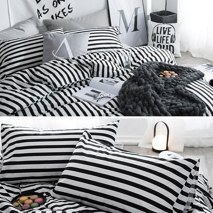 CLOTHKNOW Striped King Size Comforter Set Black and White Bedding Comforter Sets Soft Farmhouse Ticking Comforter with 2 x Pillow Cases