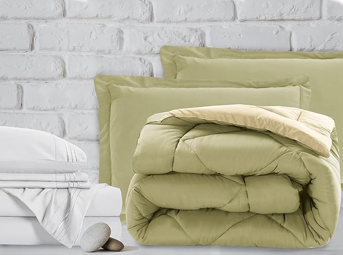 Elegant Comfort 7-Piece Bed-in-a-Bag - Luxury 1500 Thread Count, Cozy Comforter & Sheet Set, Wrinkle and Stain Resistant, Split King Size, Sage/Cream