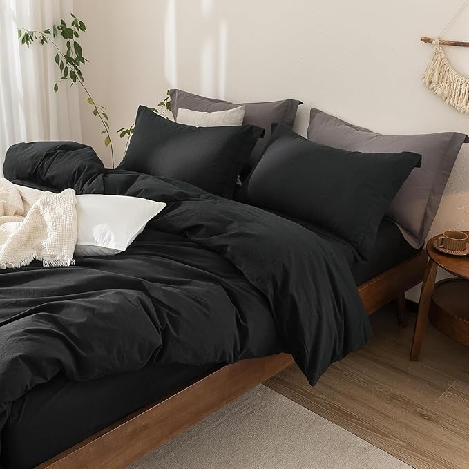 Black Duvet Cover Oversized King Size 100% Washed Cotton Bedding Set Cover 1 Duvet Cover with Zipper Closure and 2 Pillowcases, 120inch x 98inch