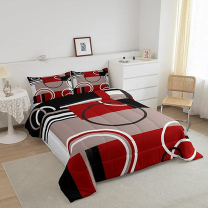 Erosebridal Modern Red Grey Black Stripes Comforter Set Geometric Down Comforter Twin Size Retro Circle Swirls Bedding Set Bedroom Decor Modern Abstract Texture Color Art Quilt Set