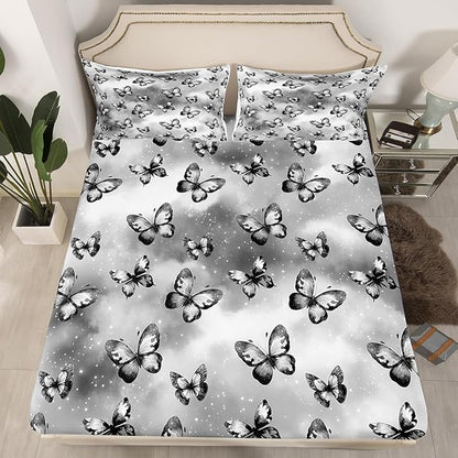 Erosebridal Butterfly Fitted Sheet for Boys Girls Kids Dreamy Coquette Queen Bed Sheets,Watercolor Gradient Grey Butterfly Sheets Galaxy Stars Print Bedding Sets, No Top Sheet