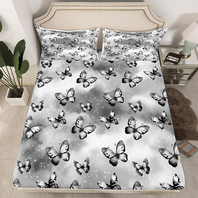 Erosebridal Butterfly Fitted Sheet for Boys Girls Kids Dreamy Coquette Full Bed Sheets,Watercolor Gradient Grey Butterfly Sheets Galaxy Stars Print Bedding Sets, No Top Sheet