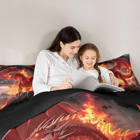 Castle Fairy Dragon Comforter Set King Size,Red Flame Dragons Down Alternative Adults Bedroom Decor,Wild Animals Cool Magical Style Ultra Soft Microfiber Inner Fill 3Pcs Bedding