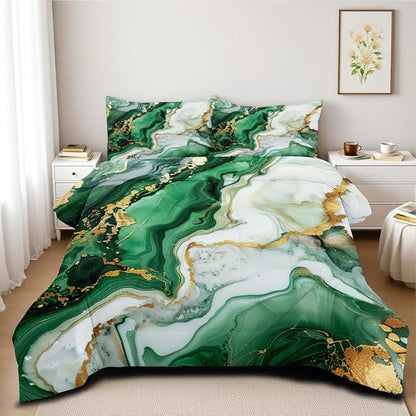 Green Marble Comforter Set King Size,Emerald Green Marble Print Bedding Set,Green White Gold Watercolor Fluid Luxury Bedding Decor Abstract Comforter with 2 Pillowcases
