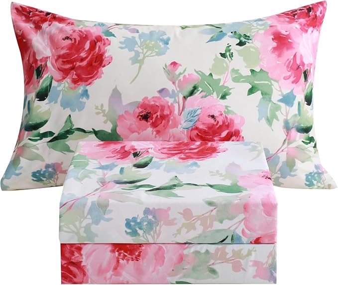JSD Watercolor Rose Floral Sheet Set Twin Size, 3 Piece Soft Printed Microfiber Sheets Extra Deep Pocket