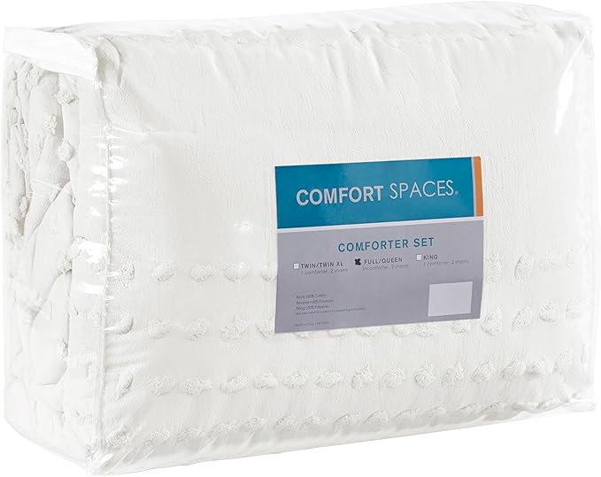 Comfort Spaces Cotton Comforter Set Jacquard Pom-Pom Tufts Design, Down Alternative, All Season Modern Bedding, Matching Shams, Full/Queen, Phillips, Ivory