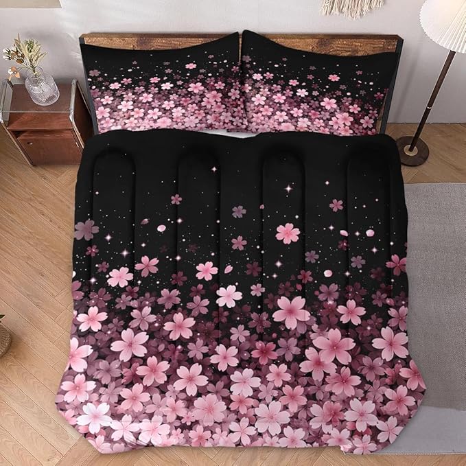 Full Size Comforter Set with 2 Pillowcases, Spring Cherry Pink Flower Tree Soft 3 Pcs Bedding for Kids and Adults Bedroom Bed Decor