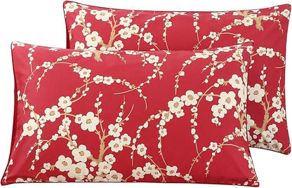 WINLIFE 100% Cotton Pillowcases Set of 2 Floral Printed Pillow Case Beige Plum Blossom on Red Pillow Cover, King 20x36''