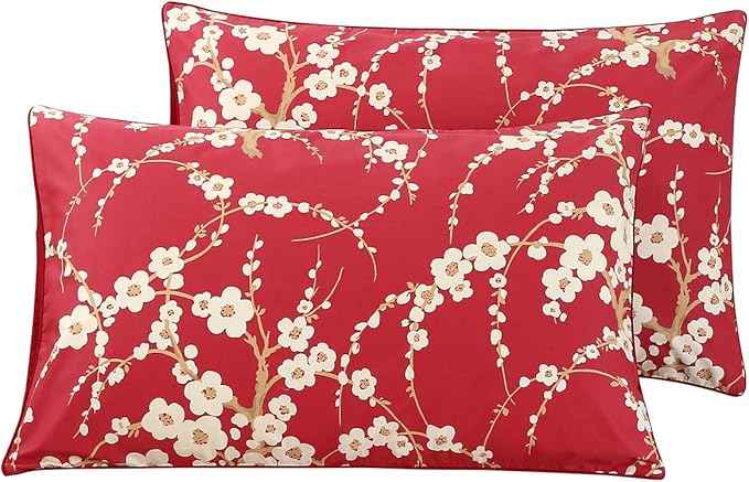 WINLIFE 100% Cotton Pillowcases Set of 2 Floral Printed Pillow Case Beige Plum Blossom on Red Pillow Cover, Queen 20x30''