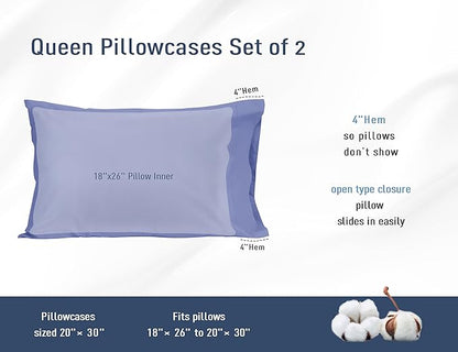 Pillow Cases, Standard Queen Size Cotton Percale Weave Pillowcases, Pre-Shrunk Breathable and Hypoallergenic Pillowcases, Set of 2 (2 Piece Standard/Queen 20 Inch x 30 Inch, Purplish Blue)