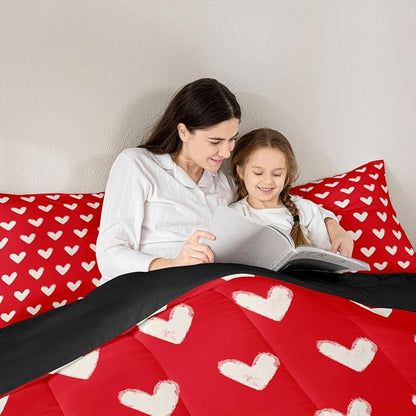 Red White Comforter Set King Size Cute Heart Pattern Bedding For Kids Boys Girls Valentine Day Gift Quilt Cartoon Love Geometric Duvet Insert Love Heart Soft Warm Bedding Sets Bedroom Decor 3Pcs