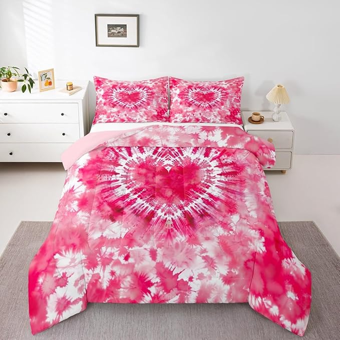 Rose Red Tie Dye Comforter Set Full Size,Pink Cute Heart Bedding Set 3pcs for Kids Teens Girls Adults Room Decor,Art Graffiti Quilt Set Modern Fashion Duvet Insert with 2 Pillowcases