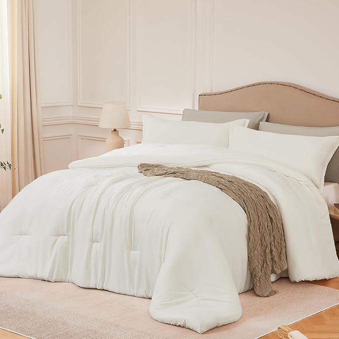Full Comforter Sets Beige,3PCS Soft Lightweight Breathable Bedding Comforter Sets for All Season, Full Size(82''×86'' Comforter & 2 Pillowcases)