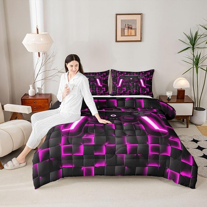 Erosebridal Video Game Comforter Set King Gaming Down Comforter Gaming Bedding Sets for Kids Boys Girls Teen,2 Pcs Black Purple Checkered Gamepad Bed Set Neon Lights Geometric Lightweight Quilt