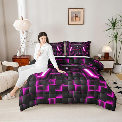 Erosebridal Video Game Comforter Set King Gaming Down Comforter Gaming Bedding Sets for Kids Boys Girls Teen,2 Pcs Black Purple Checkered Gamepad Bed Set Neon Lights Geometric Lightweight Quilt