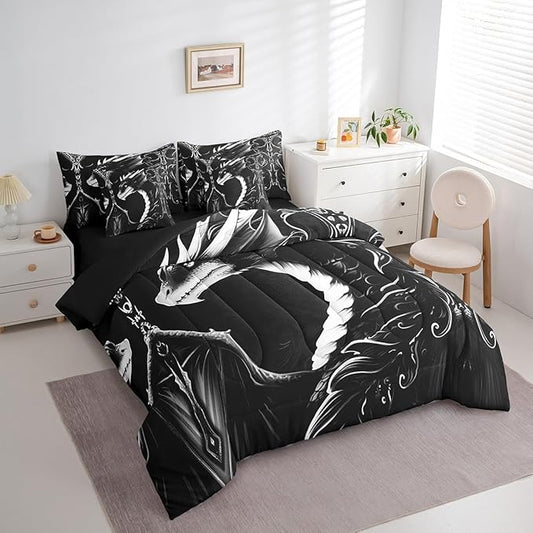 Erosebridal 3D Dragon Comforter Set 7 Piece Bed in a Bag Twin,Vintage Gothic White Black Dragon Bedding Sets Antique Wildlife Mythical Animal Sheet Set with Comforter