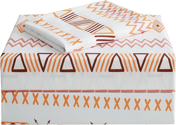 JSD Orange Boho Sheet Set Twin Size, Soft Geometric Printed Microfiber Sheets Extra Deep Pocket Wrinkle Free