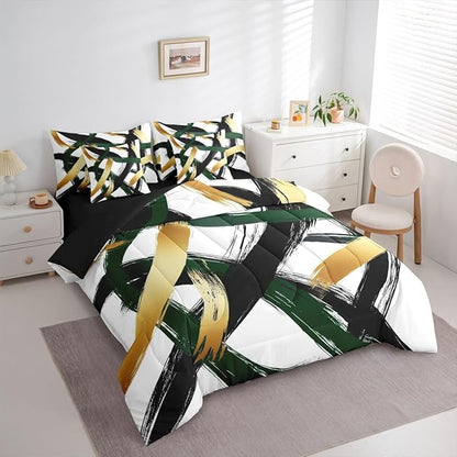 Erosebridal Black Green Gold Abstract 7 Piece Comforter Set King Modern Minimalist Line Geometric Bedding Set Minimalist Simple Sketch Art Bed in A Bag Cool Unique Contemporary Sheet Set