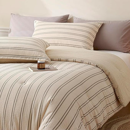 Cyusri Cotton Stripe Queen Comforter Set - Soft Lightweight Bedding 3 Pieces Dyed Bed Set with 2 Pillow Shams,Reversible All Season Farmhouse Down Alternative(Queen Size 90"x90" Beige)